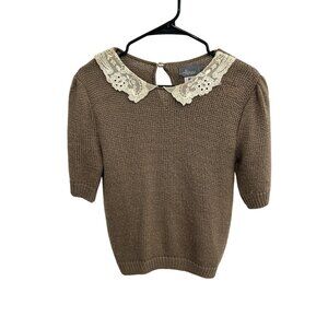 Vintage Alison J Elbow Sleeve Knit Sweater Brown Small Petite Lace Collar Twee